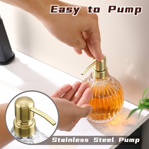 Image of Round Bathroom Soap Dispenser Gold Pump, Glass Bottle with Stainless Steel Pump Liquid Soap Dispenser Sphere Counterto Hand Kitchen