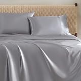 Jessica Simpson Silky Satin Queen 4-Piece Sheet, Harbor Mist Grey Luxury Sheet Set