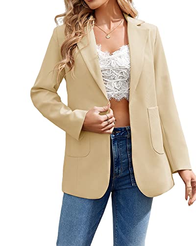 Cnkwei Womens Casual Blazers Open Front Long Sleeve Lapel Collar Work Office Jacket Beige3