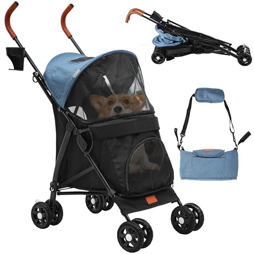 DWVO Hundewagen Hundebuggy für Hunde & Katzen bis 11,3 kg, Faltbar klappbar, Haustiere Buggy mit Kissen, Aufbewahrungskorb, Haustier-Kinderwagen 45,7x83x114cm, Katzenwagen (Blau Schwarz)