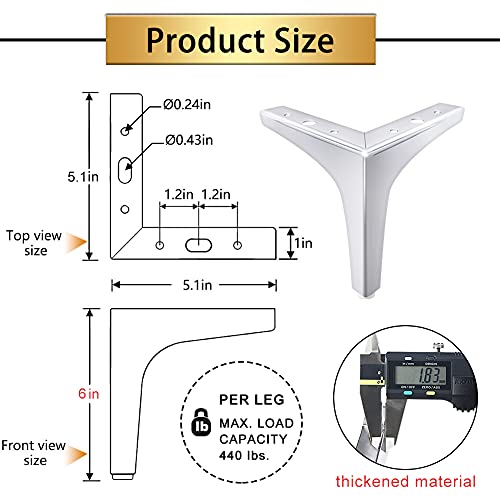 Gosche Metal Furniture Legs 6 Inch, Chrome Polished Silver Sofa Legs Set Of 4, Modern Style Replacement Triangle Legs For Dresser Chair Bed Cabinet Cupboard Diy Replacement Couch Feet #TOP3