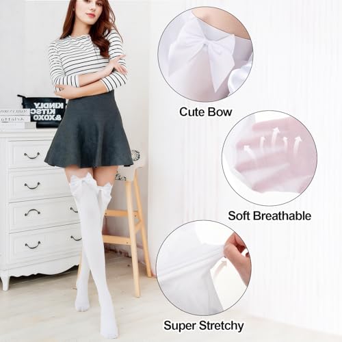 Image of Women's Thigh High Socks, White Thigh High Stockings, White Stockings, Anti Slip Women's Knee High Socks with Satin Bows