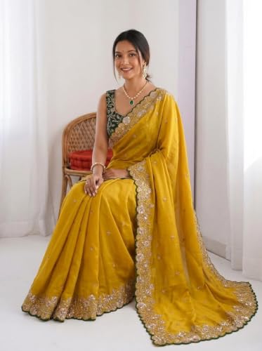 Image of ORHANS Women's Chiffon Saree with Unstitched Blouse Piece Heavy Embroidery Work | Beautiful Saree for Women | Traditional Indian Sari Stylish | Fashionable Saree Modern Design