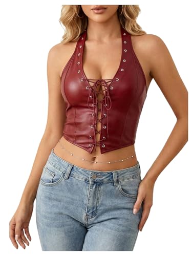 Image of WDIRARA Women's Punk PU Leather Halter Top Grommet Eyelet Tie Front Corset Crop Top
