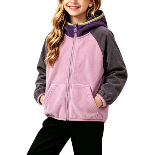 Girls Fleece Hoodie Jacket Full Zip Coat with Pockets Winter Warm Outerwear | Soft color-block fleece jacket with hood, full zip front, roomy pockets for girls, for school, travel, play and everyday wear - image 1