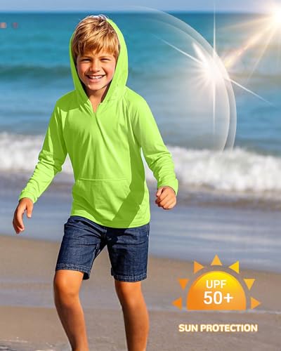 Image of Boys Rash Guard Long Sleeve Hoodie Swim Shirt with Pocket Youth Kids UPF 50+ Sun Protection Fishing Shirts Thumb Hole