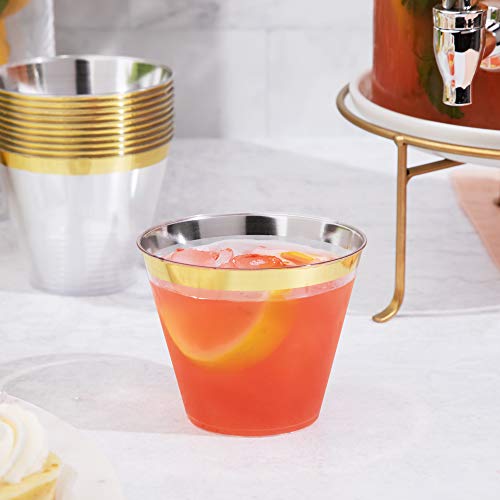 Hard Disposable Cups | Plastic Wine Cups | Plastic Cocktail Glasses | Plastic Drinking Cups | Bulk Party Cups | Wedding Tumblers | Clear Cups (100 Ct - Gold (9Oz)) #TOP4