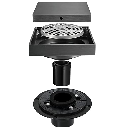 4-Zoll-Quadrat-Duschbodenablauf, Duschablauf mit 2-in-1-Flach- und Flieseneinsatzabdeckung, Messing-Bodenablauf mit geradem PVC-Rohr und Flansch, inklusive Haarsieb, gebürstet (Far