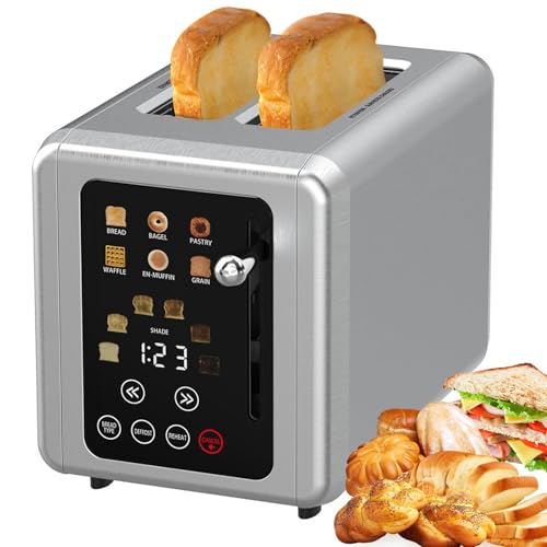 Tostadora de 2 Rebanadas, Tostadora Inteligente con Pantalla Táctil y Función de Sonido, Temporizador Digital, 6 Tipos de Pan y Ajustes de Tostado, Tostadora de Acero Inoxidable para Cocina en Casa