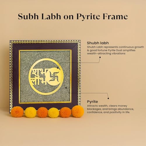 Image of Astrotalk Shubh Labh on Raw Pyrite Frame | Vastu Decorative Item for Wealth & Prosperity | Home Decor & Wall Decor Items for Living Room | Raw Pyrite Frame for Wall | Gift for Man & Woman