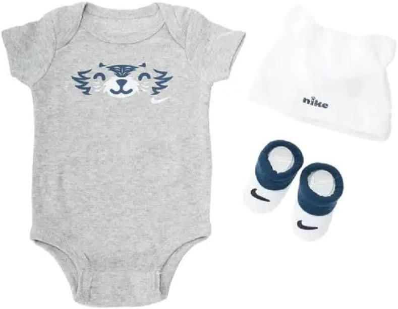 Nike Infant 3-Piece Blue Box Set: Includes Onesie, Booties and Hat - 0-6 Months (Grey/Blue/White)
