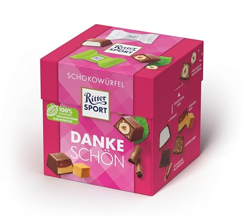 Ritter Sport Schokowürfel Dankeschön, Joghurt, Voll-Nuss in Nugatcreme, Danke Schön, Mousse au Chocolat, Schoko Crisp und Karamell Duo, geeignet für Muttertag und Vatertag, Geschenkidee, 1 Box, 176 g