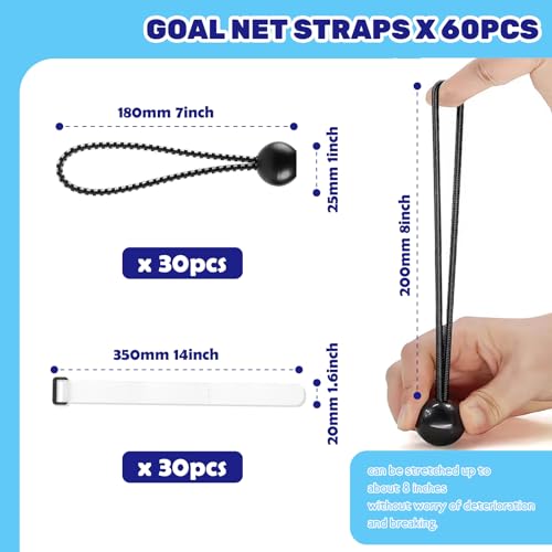 Waltool 60Pcs Goals Net Attachment Straps and 5.9 Inch Soccer Bungee Cords Balls, Heavy Duty Soccer Rebounder Trap Fasteners for Holding Soccer Placement Nets