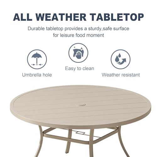 VICLLAX 50" Outdoor Round Patio Dining Table for 4-6, All Weather Metal Dining Table with Umbrella Hole for Deck Lawn Garden Backyard, Sandshell