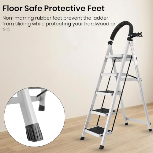 Image of Casa Copenhagen White 5 Step Ladder for Home Use with Built-in Tool Tray | Heavy Duty D Shape Rods | Ultra Large Platform | Wide Rubber Feet | 150Kg Capacity Foldable Ladder - 7 Years Warranty