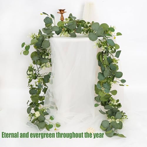Eukalyptus Girlande Künstliche 180cm Grün mit Weißen Blüten, Frühling Eukalyptus Deko Kunstpflanze Efeugirlande Hängepflanze für Zimmer Wand Balkon Hochzeitsdeko (Girlande, 4 Stück)