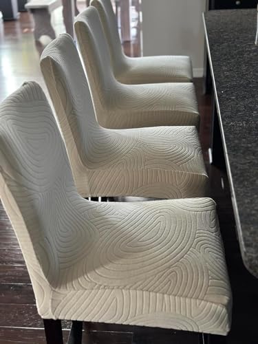 Image of SearchI Water Repellent Bar Stool Covers Set of 4, Stretch Washable Barstool Seat Covers, Counter Height Chair Covers for Kitchen Dining Room Cafe (Beige Ripple Jacquard)