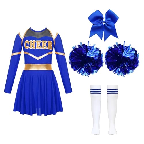 Costume de pom-pom girl enfant bleu avec boules de fleurs multicolores taille 10