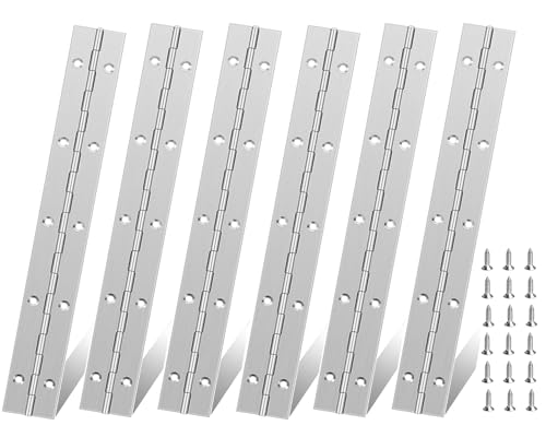 6Pack Silver Continuous & Piano Hinge1.2 OpenWidthX0.04 ThicknessX10'' Heavy Duty Piano Hinges withHole Polished Stainless Furniture Hinges for Boats Cabinets Storage Box Door Cases with 60Screws
