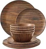 Juego de vajilla de 12 piezas, juego de platos de melamina con cuencos y platos, servicio de cena ligero irrompible para 4 personas, grano de madera