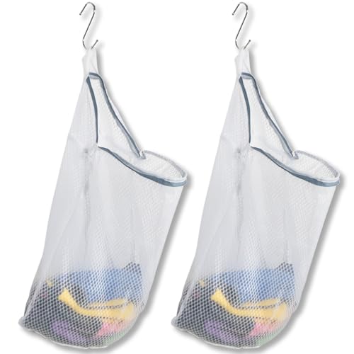 2Pcs Mesh Hanging Laundry Bags for Washing Machine, 15 X 12 inch Wash Bag for Clothes Delicates Lingerie with S Hooks