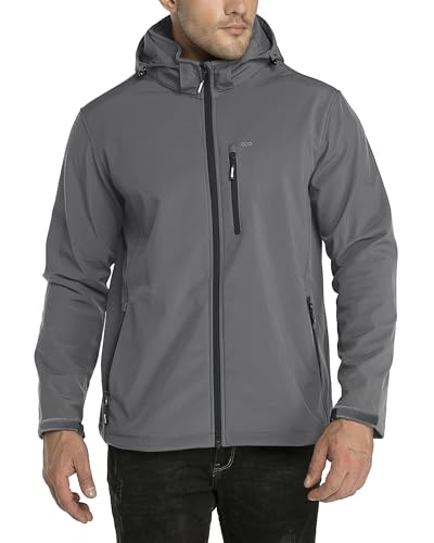 33,000ft Men's Waterproof Jackets Fleece Lining Softshell Jacket - Multi Pockets Outdoor Windproof Coat With Detachable Hood Grey/Black 3XL