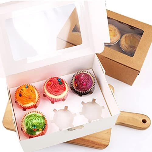 Chilly Cupcake Boxes, Pastry and Cookie Box, Cupcake Containers Carriers Bakery Cake Box with Stickers and Window, 5 Kraft, 5 White, Set of 10 (6 Holders)