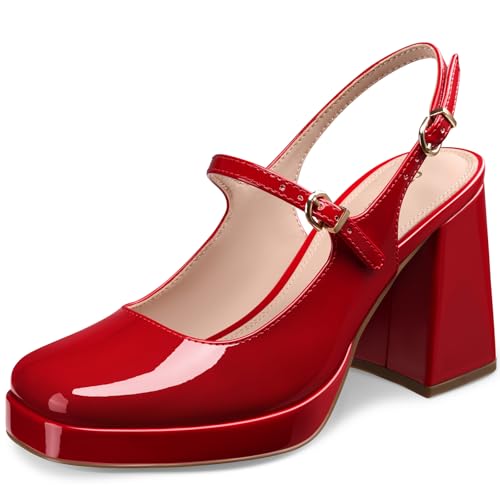 CELLENZ Women Mary Jane Shoes: Closed Toe High Chunky Heels - Red Platform Strappy Heels - Dress Shoes Party Dinner Homecoming Pumps Size 8.5