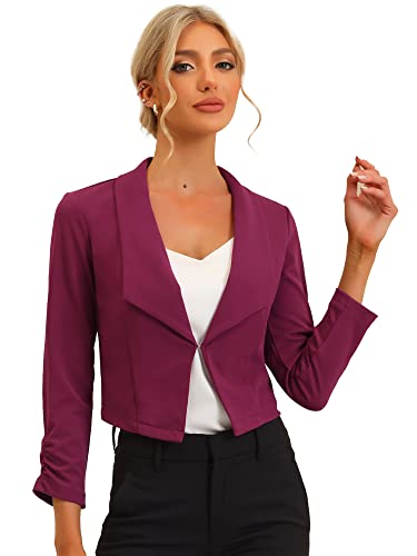 Allegra K Women's Notched Lapel Ruched Sleeve Jackets Business Cropped Blazer Medium Purple Berry #TOP13