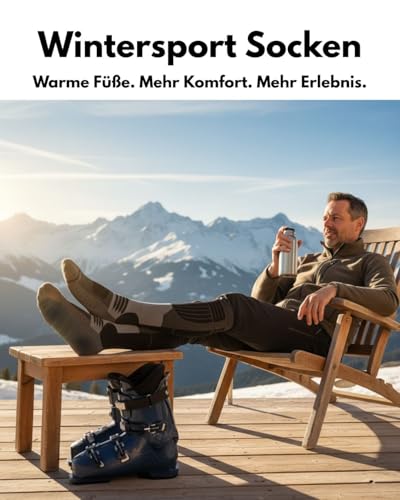 sockenkauf24 Herren Merino Skisocken 43-46 (2 Paar) Thermo Winter Kniestrümpfe mit Polsterung für Ski und Snowboard (Schwarz)