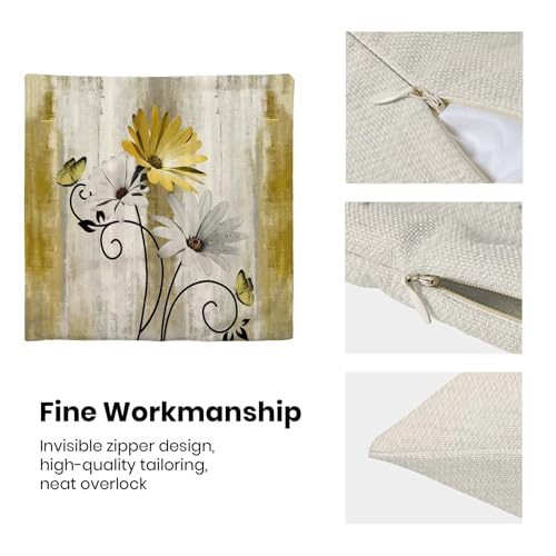 Sorktse Yellow Pillow Covers 18x18 Inch Set of 2 Vintage Yellow White Daisy Floral Throw Pillows Spring Summer Flower Butterfly Pillowcases Linen Outdoor Decor Cushion Covers for Sofa Couch — view 6