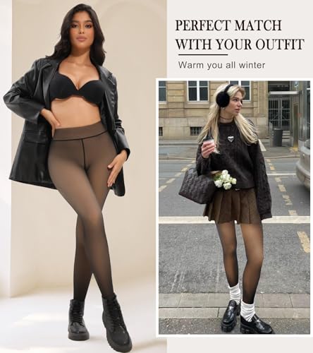 Image of Fleece Lined Tights Sheer Women Fake Translucent Warm Pantyhose Sheer Leggings Thermal Thick Tights for Winter