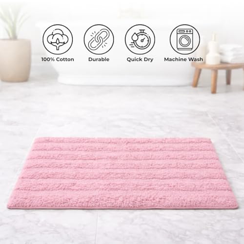 Image of Premium Combed Cotton Tufted Bathmat 45 x 65 cm, 1800 GSM Soft Absorbent Anti Skid Bathroom Floor Mat with Latex Backing, Quick Dry Non Slip Bath Rug for Shower & Daily Use, Stripes Rose