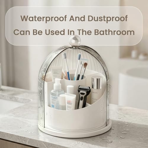 Image of MAYCREATE Rotating Make Up Organiser, Makeup Brush Organiser Holder Cosmetic Makeup Organizer Stand with Clear Dustproof Cover, Multi Compartments Bathroom Vanity Storage Case
