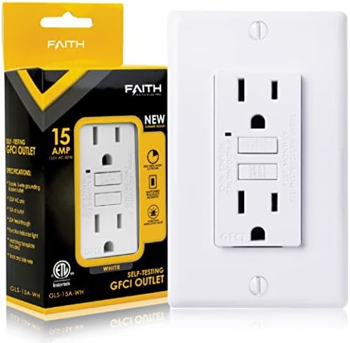 Faith 15A GFCI Outlet, Non-Tamper-Resistant GFI Duplex Receptacle with LED Indicator, Self-Test Ground Fault Circuit Interrupter with Wall Plate, ETL Listed, White