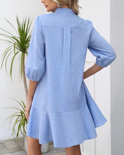 Image of YEXPINE Women Button Down Dress Casual 3 /4 Puff Sleeve Cotton Linen Dress Flowy Ruffle Hem Tunic Shirt Dresses