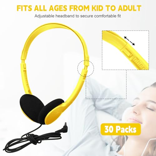 Image of Konohan 30 Pack Headphones Bulk Headphone for School Classroom Student Wired Headphones Adjustable with 3.5 mm Jack for Adults (Yellow)