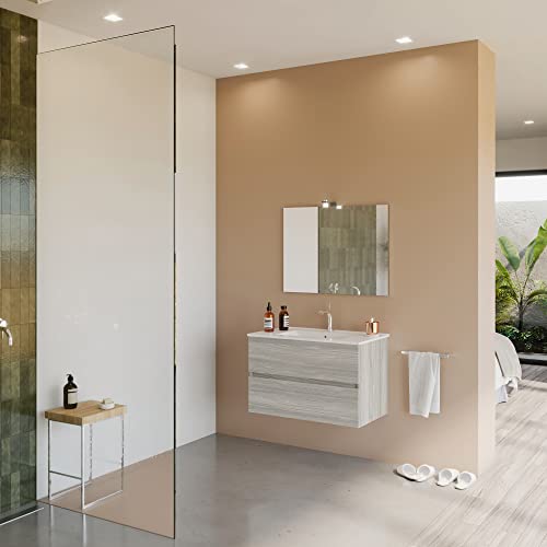 Mobile bagno costruito con pannello in legno truciolare nobilitato certificato FSC, bordato in ABS da 2mm trattato per essere particolarmente resistente in ambienti umidi.