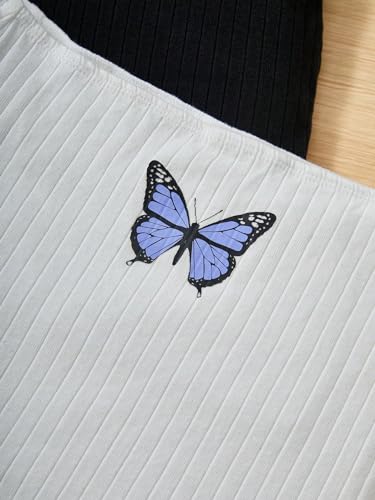 WDIRARA Girl's 2pcs Set Butterfly Print Ribbed Knit Off The Shoulder T Shirt Textured Slim Fit T Shirts4