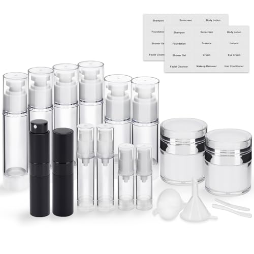 Bubimon 20 Pack Airless Pump Jar & Atomizer Perfume Spray Bottles Set, Leak Proof, Travel Cosmetic Containers for Shampoo Conditioner Lotion, Body wash, Cream, Toiletries, Essential Oil