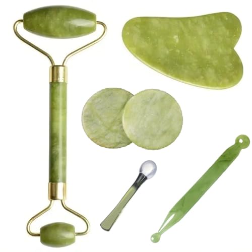Emolylife- Set de Cuidado Facial Premium 6 en 1. Rodillo facial, tablero de Gua Sha, de jade verde con 2 parches y masajeador de ojos, con pluma de acupresión manual. Rutina de Belleza Profesional