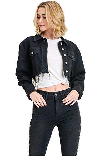 Khanomak Women's Long Sleeve Oversized Cropped Denim Jacket (Black, Small)