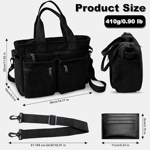 Hoseay Handtasche Damen Cord Umhängetasche Mittelgroß Tote Bag Damen Shopper Tasche mit Reißverschluss Crossbody Bag Frauen Schultertasche für Schule Arbeit Büro Reisen Einkaufen Alltag, Schwarz