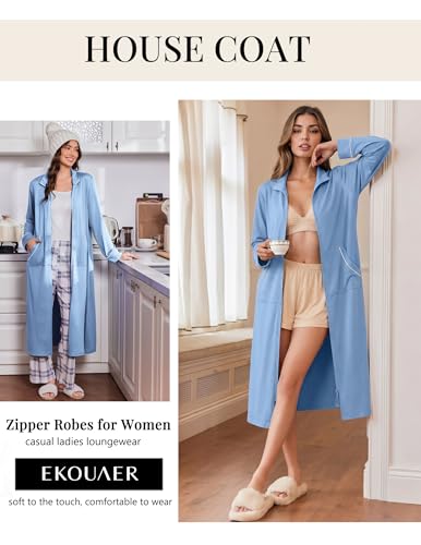 Image of Ekouaer Zipper Robes for Women Long Sleeve Lightweight House Coats with Pockets Zip Up Bathrobe Loungewear S-3XL