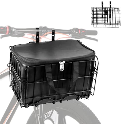 Bike Basket Front, Folding Bike Basket with Removable Liner Bag Metal Ebike Basket Quick Release Design for Adult Women/Men Carrying Dogs, Pets, Fruit & Grocery
