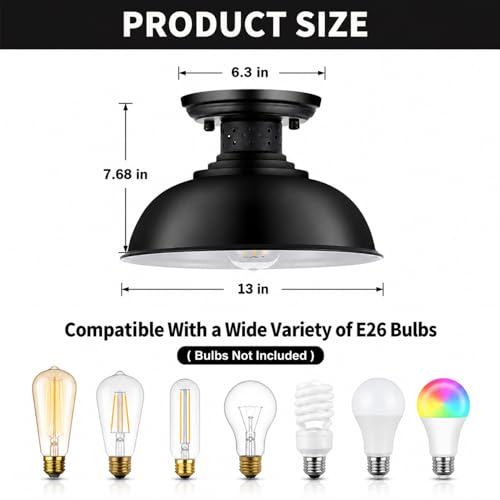 Semi Flush Mount Ceiling Light Fixture, Farmhouse Black Kitchen Light Fixtures Ceiling Mount, Industrial Metal Cage Lighting for Hallway Entryway Bedroom Laundry, E26 Base, 13in (Bulbs Excluded) by MgLoyht - Used condition - Image 2