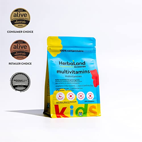 Herbaland Vegan Multivitamins Gummies For Kids - 13 Essential Vitamins & Minerals, Vitamin A, C, D3, E, B6, B12, Zinc, Sugar-Free, Gluten-Free, Chewable For Toddlers - Organic Fruit Flavor, 90 Count #TOP2