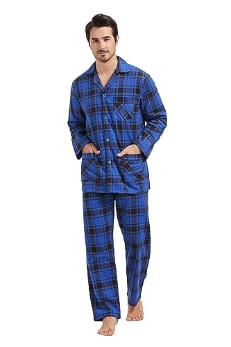 Amaxer Conjunto de Pijama de Franela para Hombre 100% algodón Conjunto de Pijama para Hombre Conjunto de pantalón de Manga Larga,diseño a Cuadros Azules y Negros,M