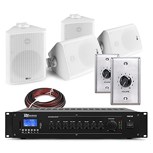 Power Dynamics 2-Zone Wall Mounted Music System with Bluetooth Mixer Amplifier, 4x 5.25 Outdoor Wall Speakers & Volume Control Attenuators - Background Audio System, IP56 Rated - White