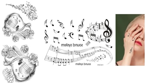 BeyondTattoos Lot de 2 feuilles de tatouage temporaire de musique - Clé de sol - Tatouage TL127 HSC021